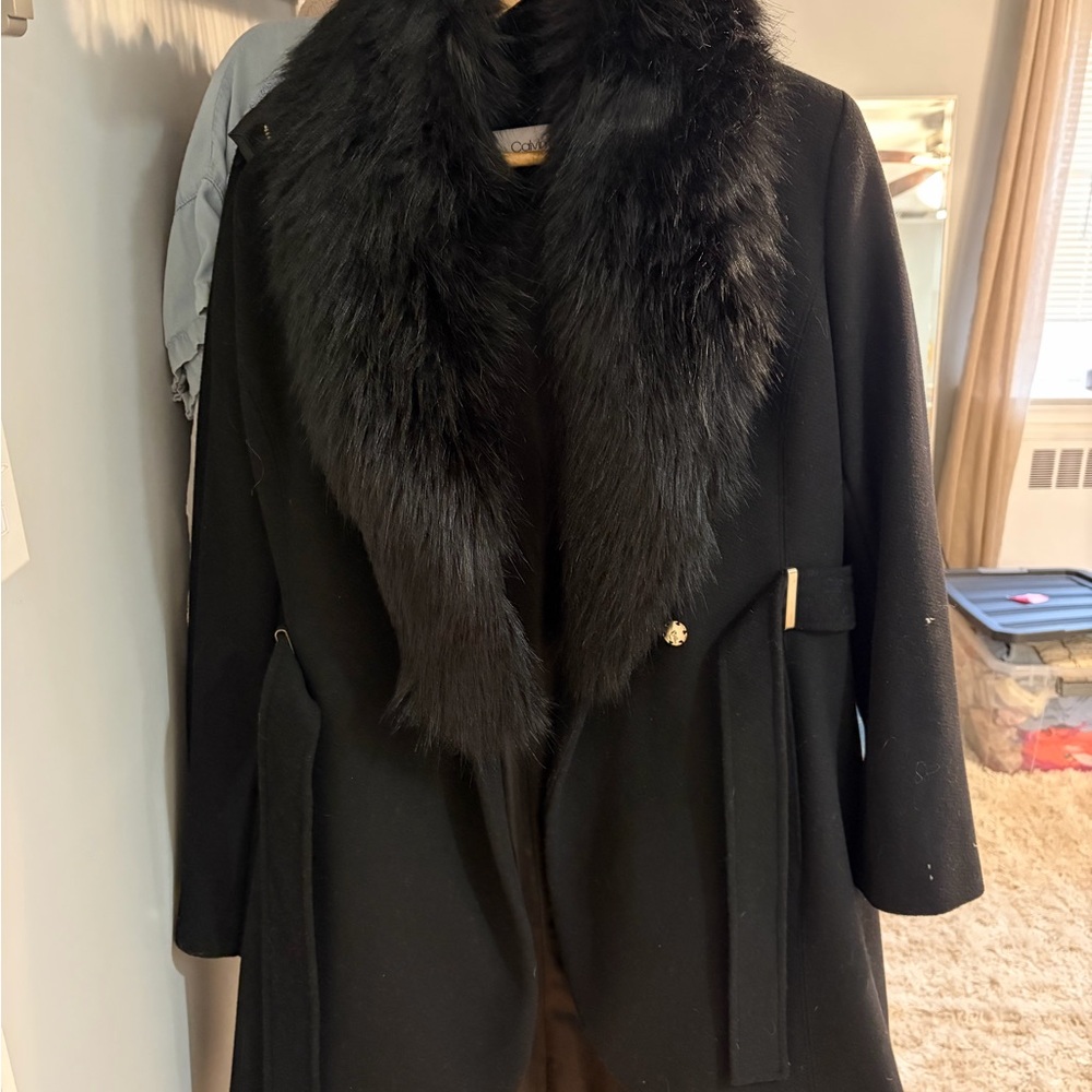 Calvin Klein Black Trench Coat with Faux Fur Collar